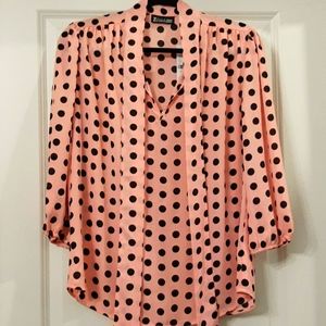 NWT NY&CO PINK / BLACK POLKA DOT TIE NECK TOP